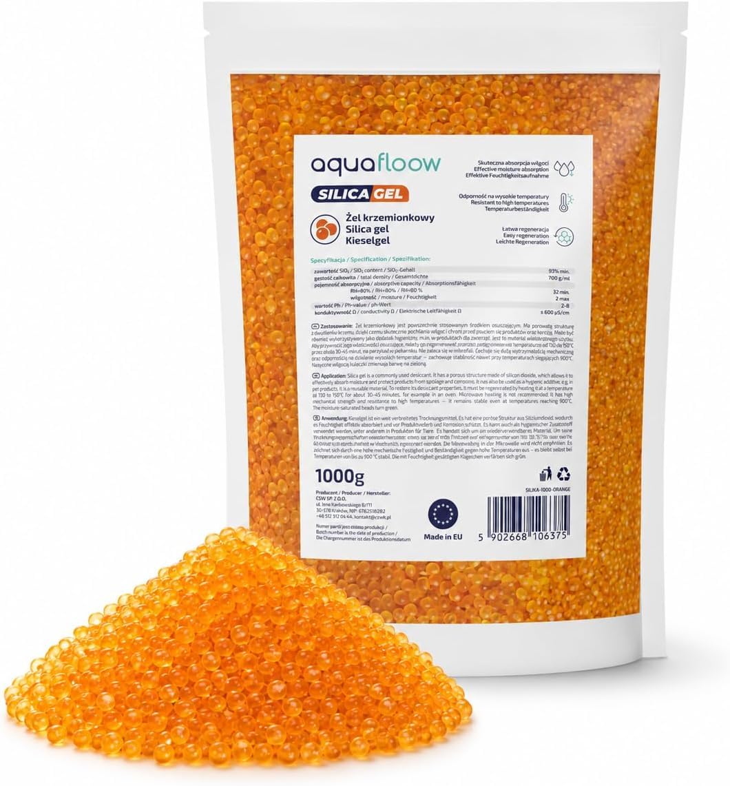Aquafloow Żel Krzemionkowy Pomarańczowy 1 kg – Pochłaniacz Wilgoci z Wskaźnikiem Nasycenia, Wielokrotnego Użytku - Silica Gel do Elektroniki, Filamentu 3D, Suszenia Kwiatów