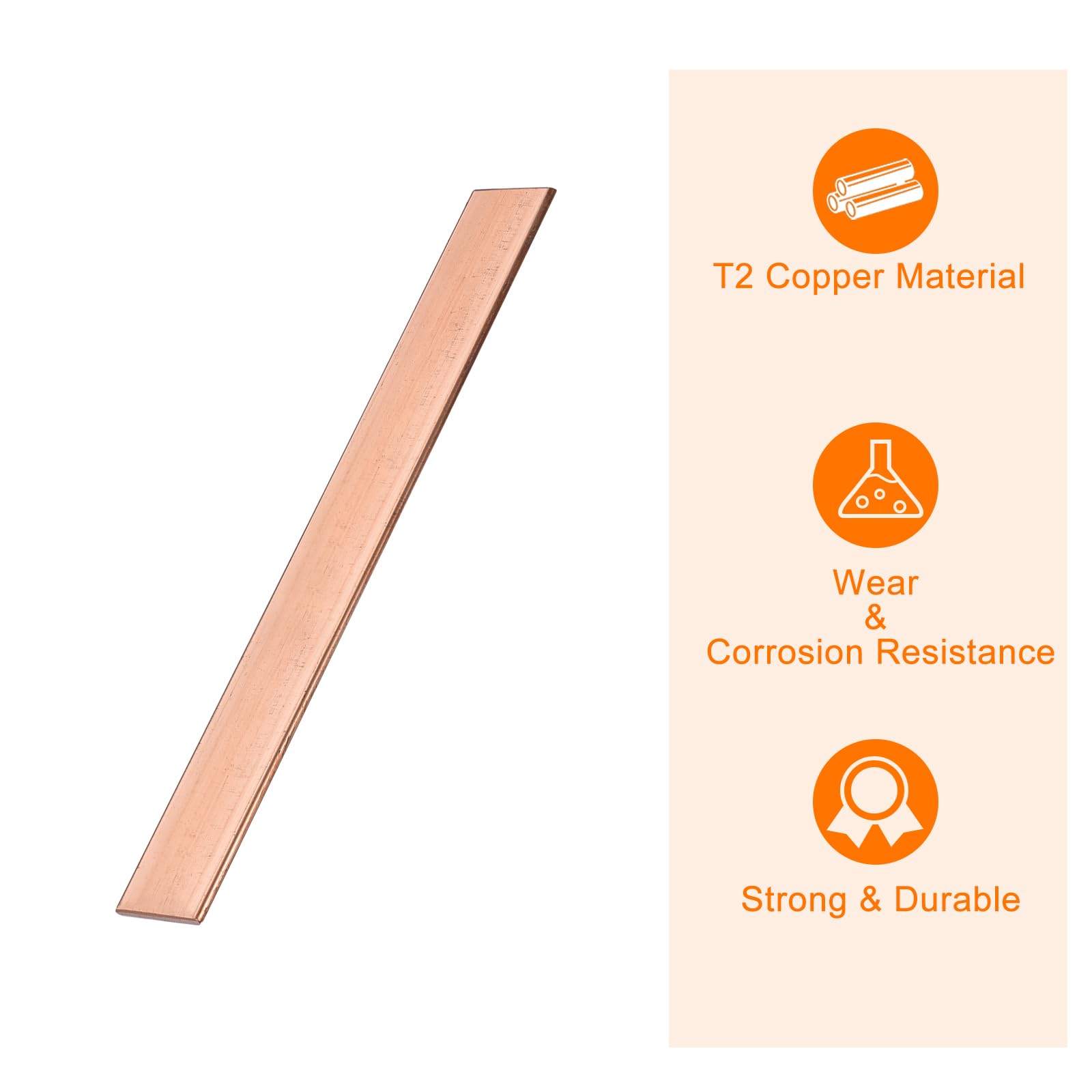sourcing map Barre plate en cuivre, 0,2 cm d'épaisseur x 2,5 cm de largeur x 20 cm de long pour barre omnibus électrique (2 mm x 25 mm x 200 mm)
