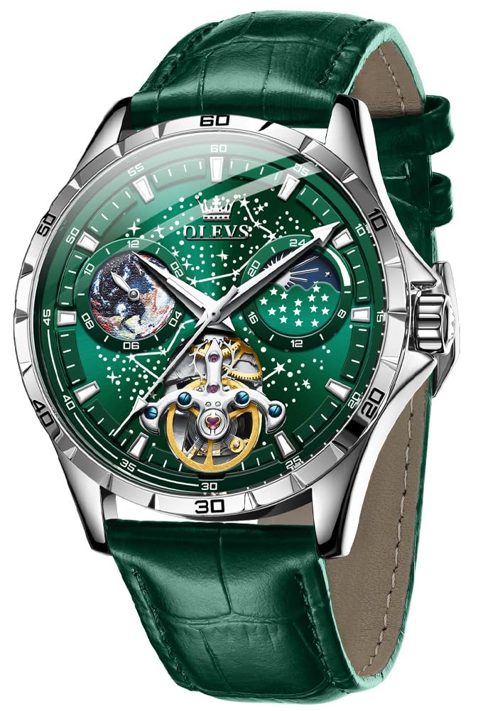 OLEVSOLEVS Mens Leather Watches Automatic Mechanical Skeleton Tourbillon Diamond Luxury Self Winding Dress Wrist Watches Moon Phase Waterproof Luminous