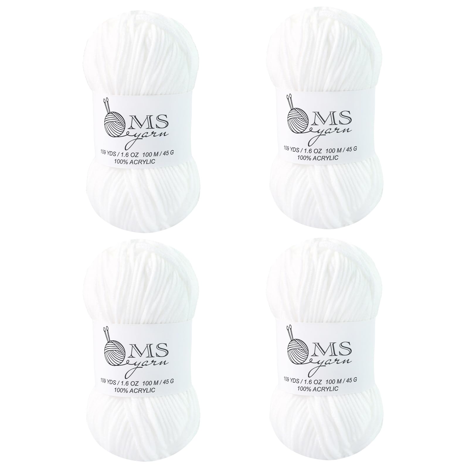 Crochet Acrylic Yarn White Color 436 Yards, 4 Pack 45g/1.6oz Each, Soft Yarn for Crocheting & Knitting DIY Craft