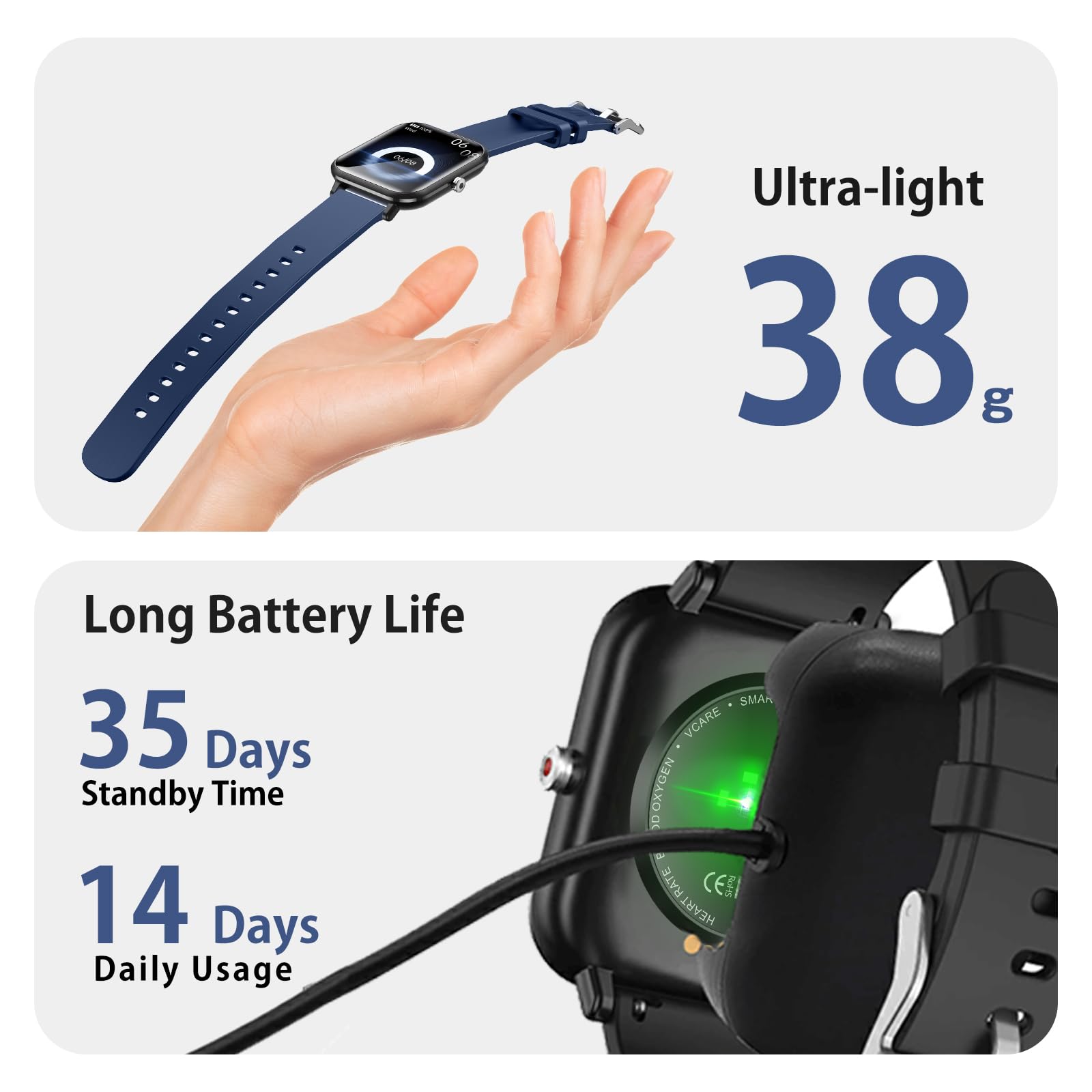 Smart Watch for Men Women, Fitness Tracker, 1.9" Smartwatches, 24 Sports Modes, Heart Rate/Sleep Monitor/Pedometer/Spo2/Step Counter, IP68 Waterproof, Ultra Thin, Long-Lasting Battery for Android iOS