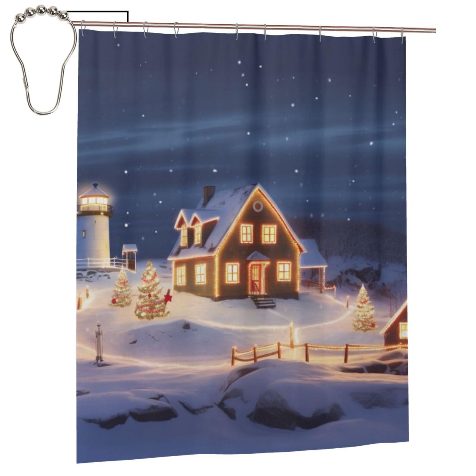 BWWHCCTI Christmas Scenery Printed Shower Curtain With 12 Iron Hooks Opaque Quick Drying Waterproof Shower Curtains Sets For Bathroom 152x183 Cm