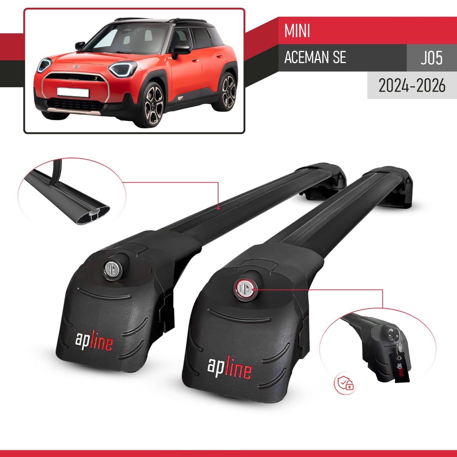 Compatible con Mini Aceman SE (J05) 2024-2026 Modelo Ace-2 Barra de Techo Auto Portaequipajes Barras Transversales Negro Aluminio 2 Barras