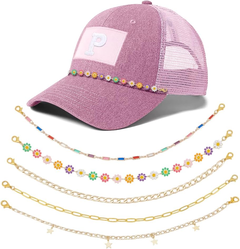 PH PandaHall 5pcs Trucker Hat Chains Golden Detachable Hat Chains Flowers Stars Crystals Chains Hat Charms Metal Brass Chain for Women Men, DIY Mesh Baseball Hat Accessories Decoration