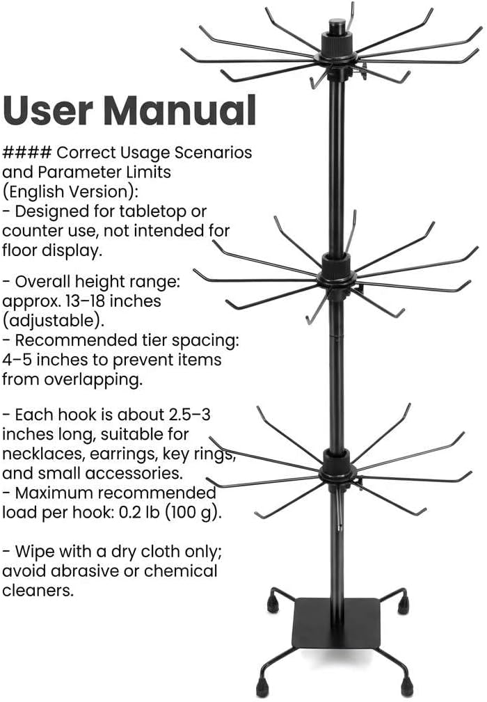 QWORK 3-Tier Rotating Metal Jewelry Display Stand – 2 Sets Adjustable Tabletop Holder for Necklace, Earring & Key Ring - Image 5