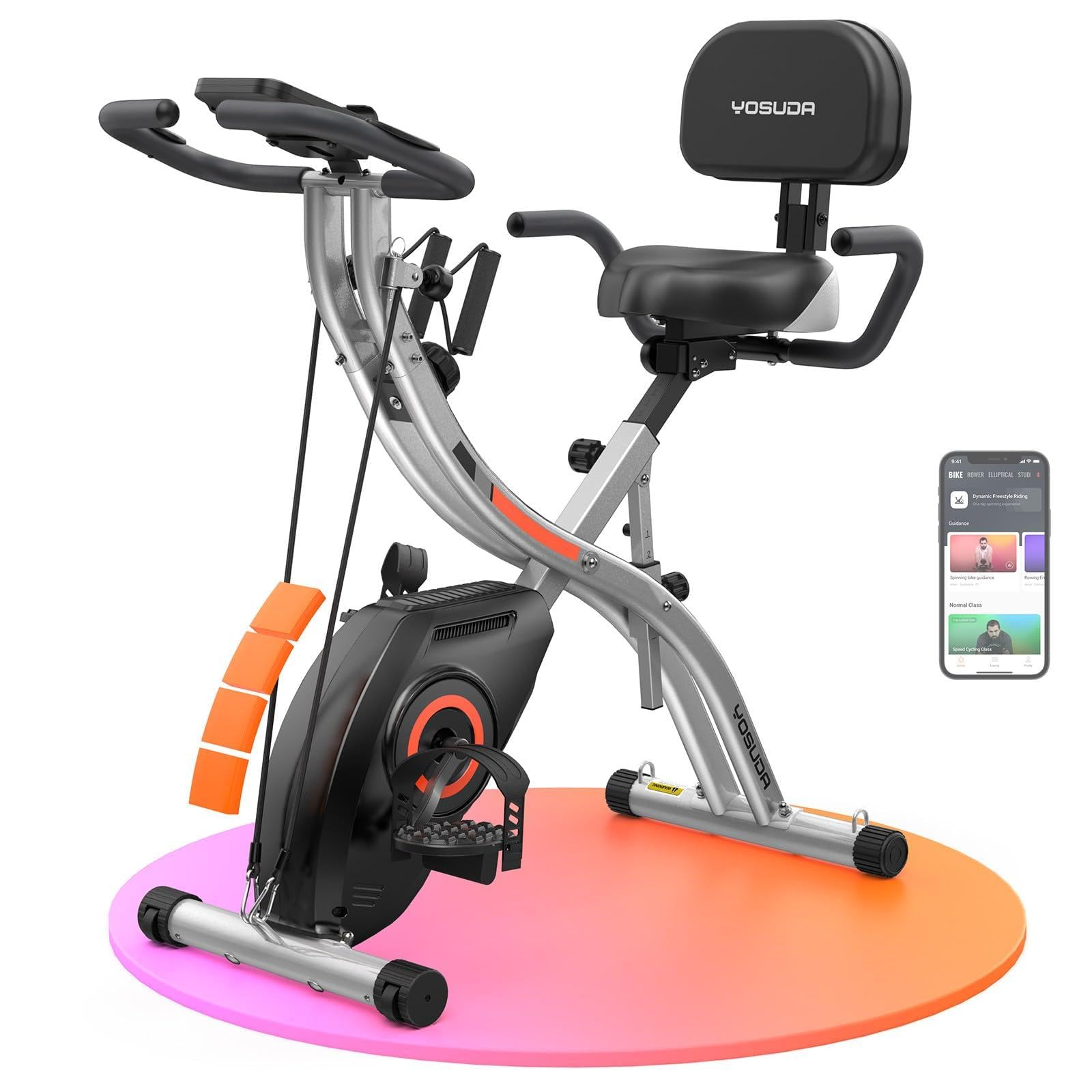 YOSUDA Neu 5-IN-1 Heimtrainer Fahrrad Klappbar, Hometrainer Fahrrad mit APP, Widerstandsbändern, Ergometer Heimtrainer Senioren mit Ergonomischem Sitz, 8/16 Leise Magnetwiderstand, Bis 150 KG