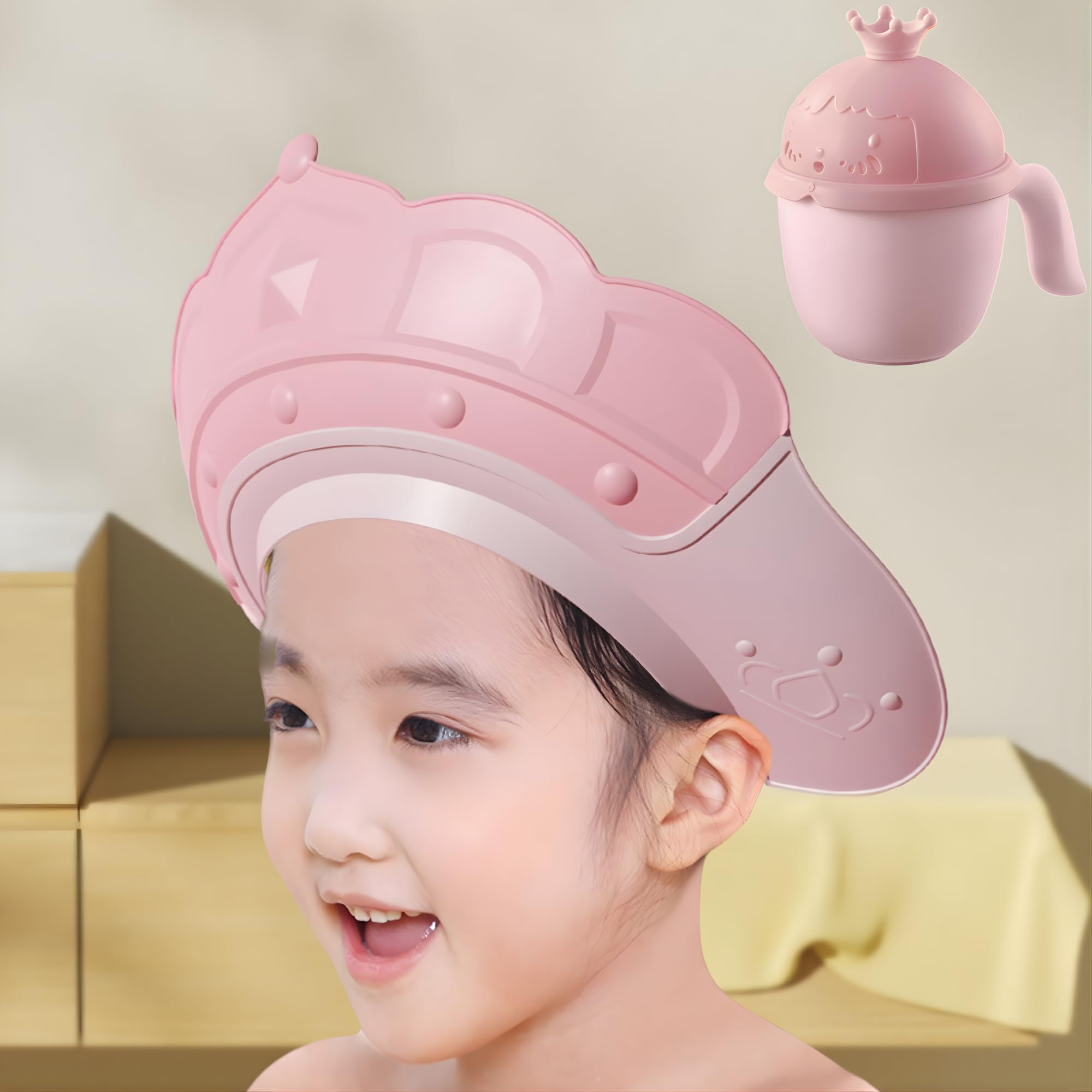 OLWICK® Baby Shower Cap Shield and Cup Set, Visor Hat for Eye and Ear Protection for 0-12 Years Old Children, Cute Crown Shape Makes the Baby Bath More Fun, Pack Of 2, Pink-image-16