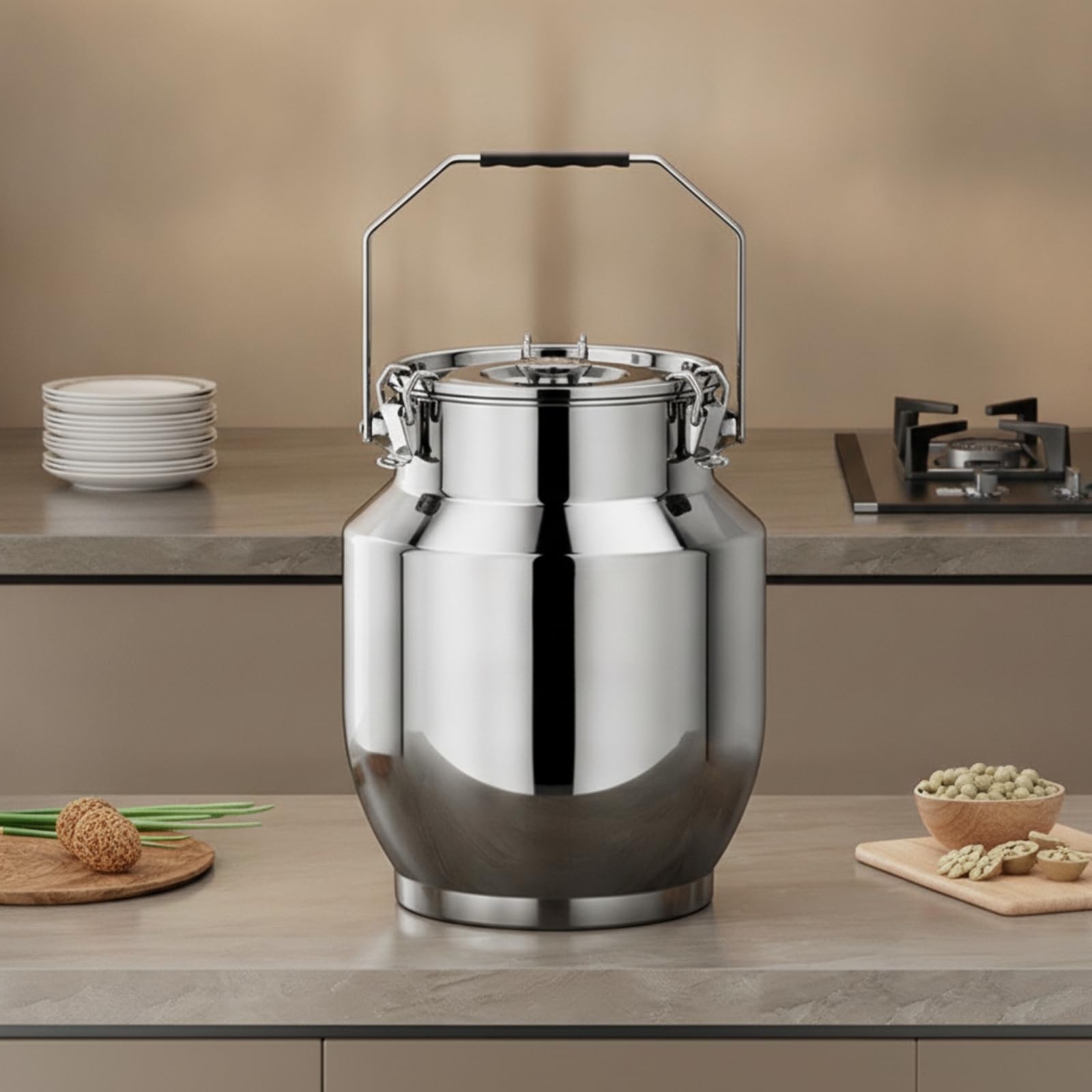 Barattolo Ermetico in Acciaio Inox 201 Lucidato Contenitore con Coperchio a Chiusura a Morsetto Antiruggine Barattolo Tè con Maniglia, 10L