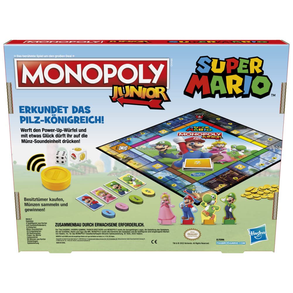 Hasbro Monopoly Junior Super Mario Edition Gioco da tavolo, Gioca nel Regno dei Funghi come Mario, Peach, Yoshi o Luigi, dai 5 anni in su, Versione Tedesca