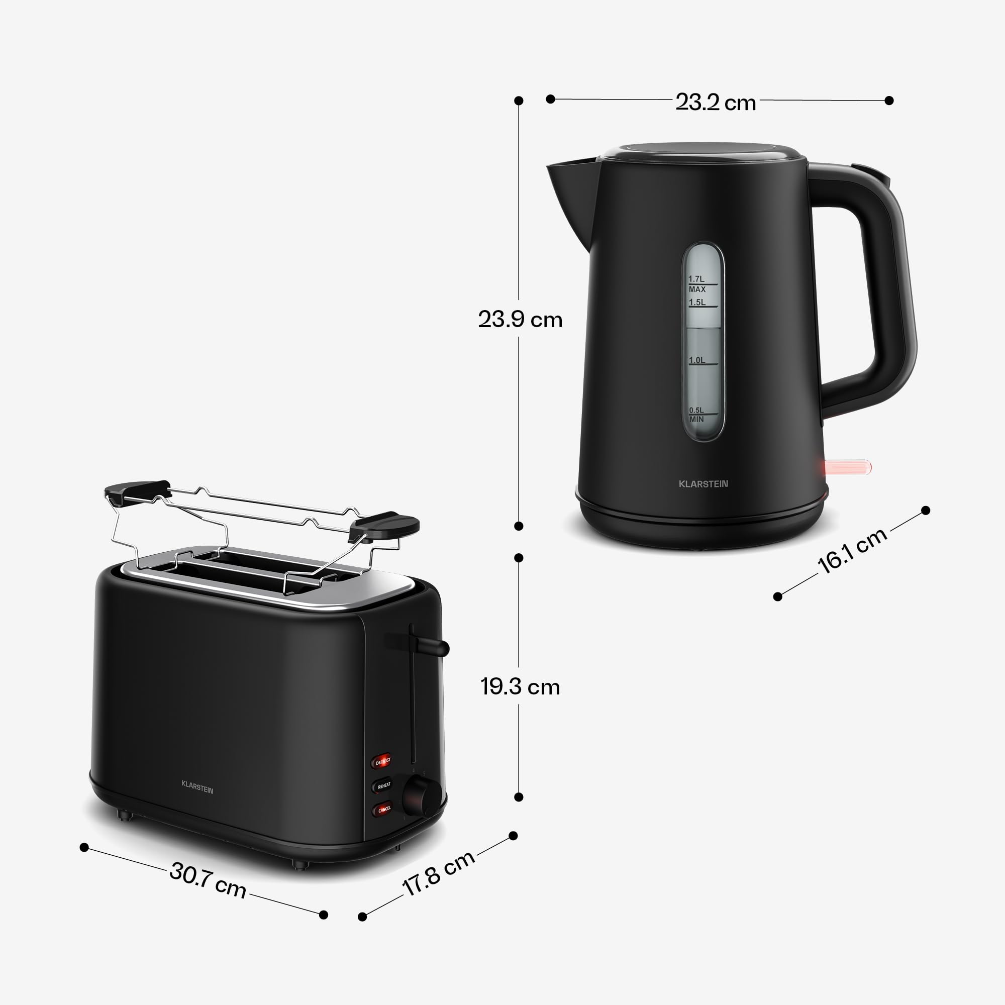 Klarstein Velaire Essential Set Petit-Déjeuner Grille-Pain 2 Fentes 7 Niveaux Bouilloire Électrique 1,7L