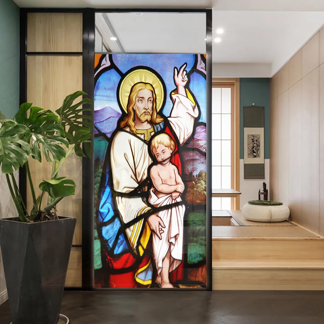 Church Style Stained Glass Window Film Decorative Privacy Non Adhesive Window Stickers for Home Office J17 40x100cm(15.7