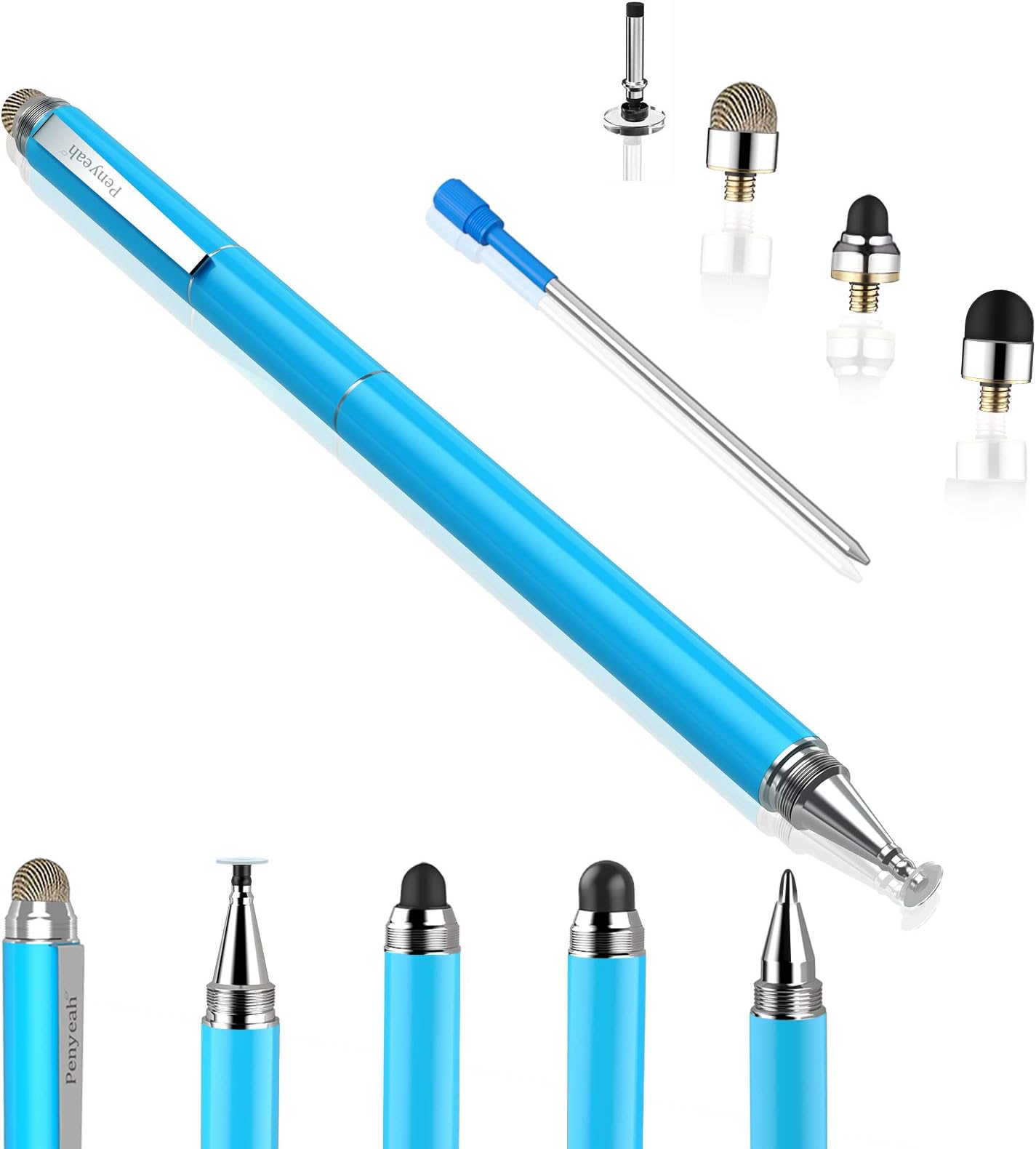 Stylus Pen for iPad - [4-in-1] High Sensitivity and Precision Touch Screen Stylus Disc Tip,Black Rubber Tip & Mesh Fiber Tip Universal for All Capacitive Touch Screen Device - Light Blue