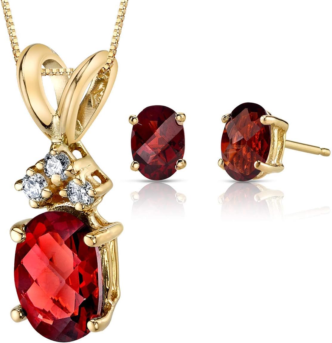 PEORA 14K Yellow Gold Garnet Pendant and matching Earrings - Oval Shaped Diamond Pendant 1.25 Carats + Oval Shaped Garnet Stud Earrings 2 Carats