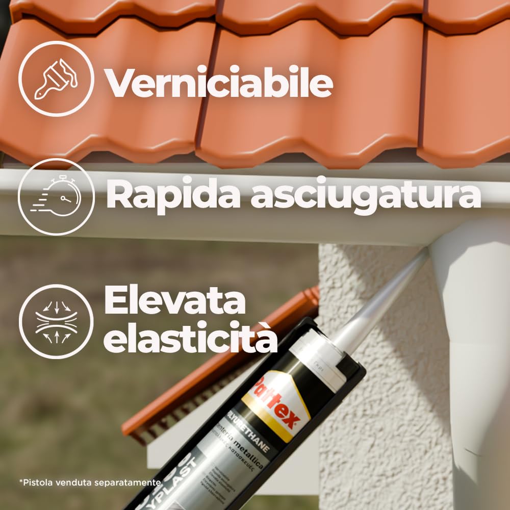Pattex PU 198, Silicone sigillante verniciabile ad alta elasticità, Sigillante poliuretanico grigio per carrozzeria auto e barche, Colla poliuretanica ad asciugatura rapida, 1 cartuccia da 310 ml