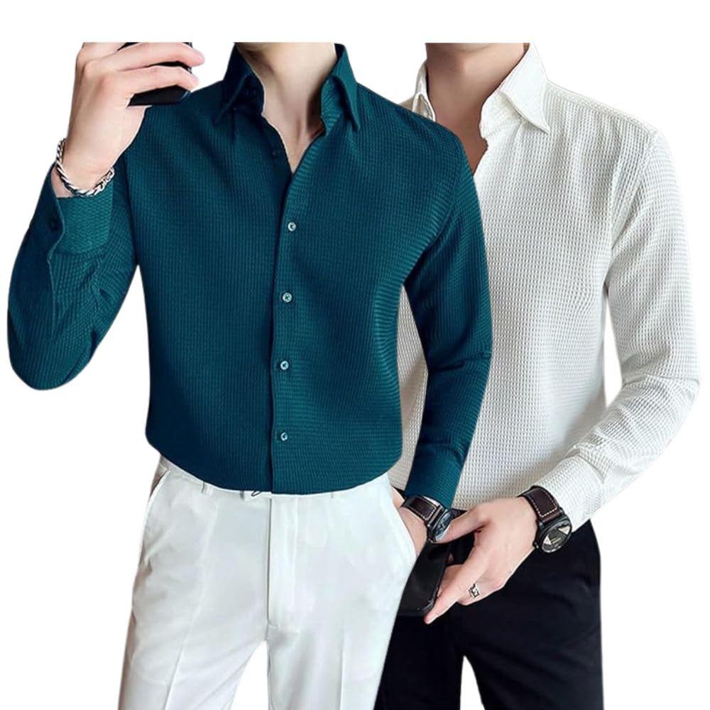 GRECIILOOKS Men's Formal Button Down Shirt – Slim Fit Shirt's for Men | Textured Long Sleeve Polycotton| Business & Meeting Ready (Available in Plus Size and Combo Pack of 2)
