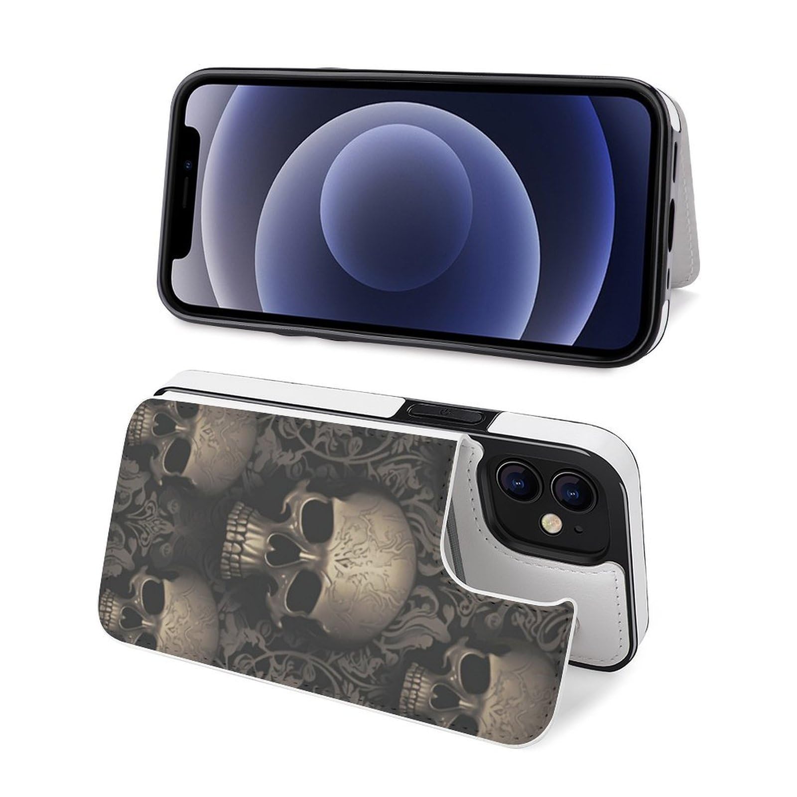 Fundas tipo cartera para iPhone 12, papel pintado gótico, estampado de calaveras, funda de piel con ranuras para tarjetas