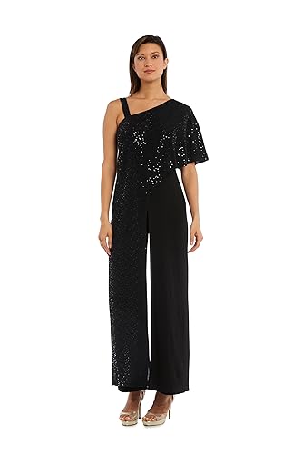 Women's Sparkling One-Shoulder Sequin Overlay Jumpsuit W/Hidden Strap & Wide