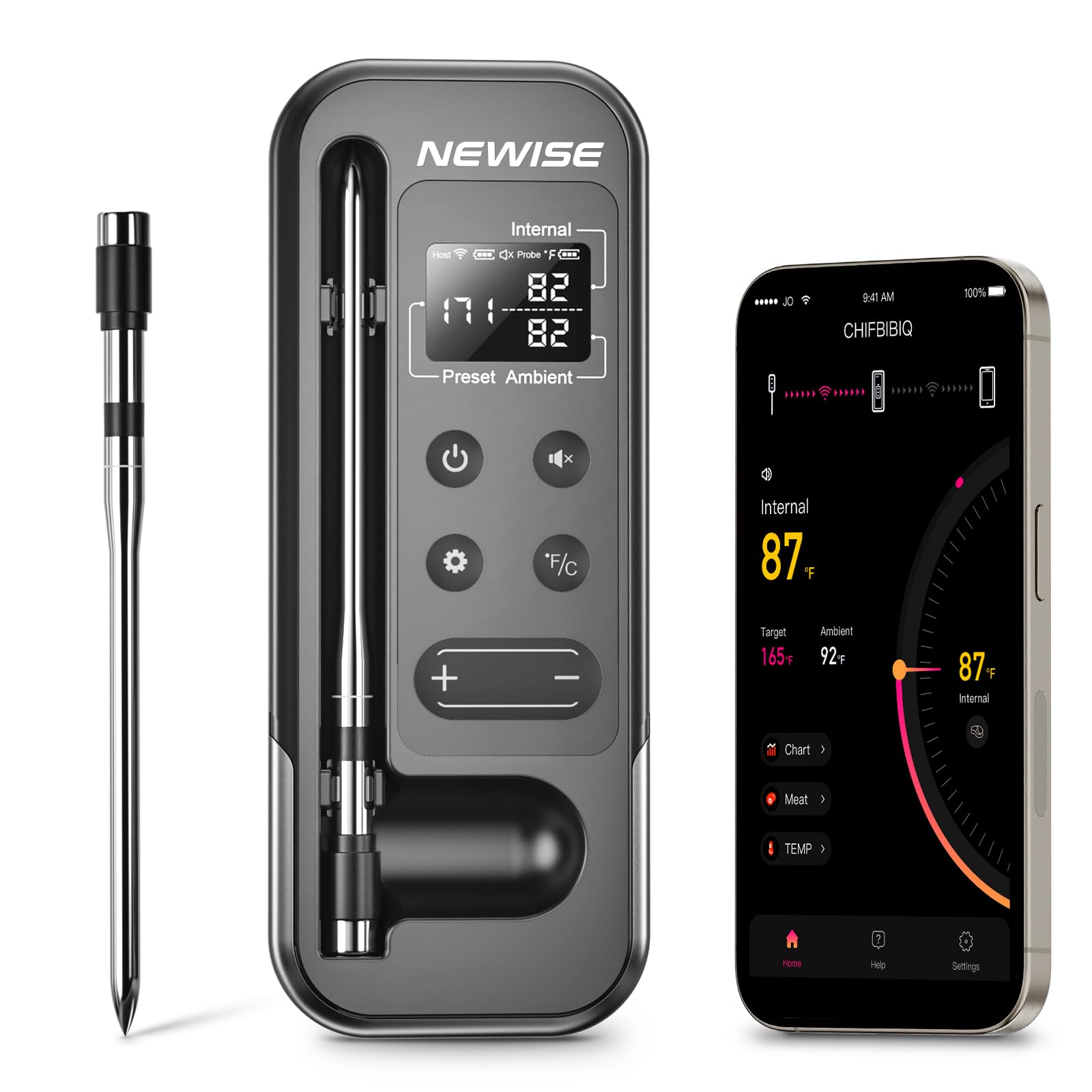 Newise Bluetooth-Fleischthermometer mit Smart-App, 230 m kabellose Reichweite