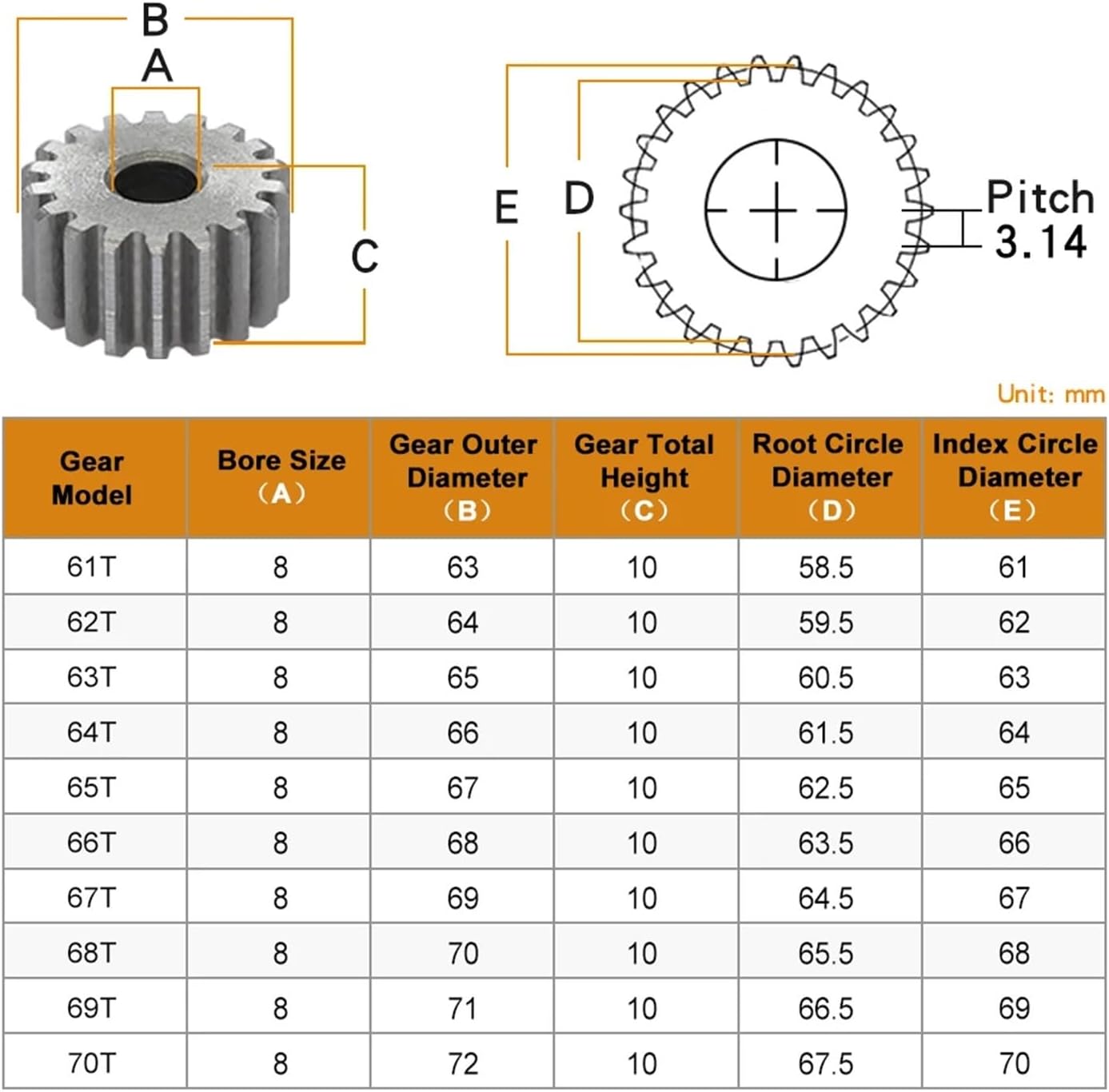 Industrial helical Gear 1pcs Cylindrical Gear 1M-61/62/63/64/65/66/67/68/69/70T Carbon Steel Gear Wheel for Transmission Accessories (Size : 1M70T - Bore 10 mm)