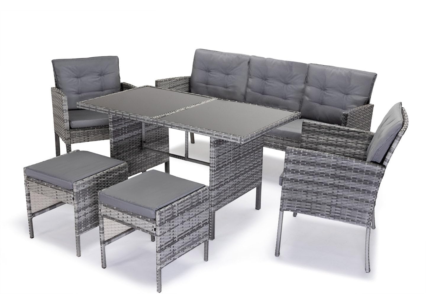 S & S Saldos y Stocks Sofa + Mesa + 2 Sillones + 2 pufs Ratan PE. Muebles de Jardin y Terraza Andy, Ratan Gris