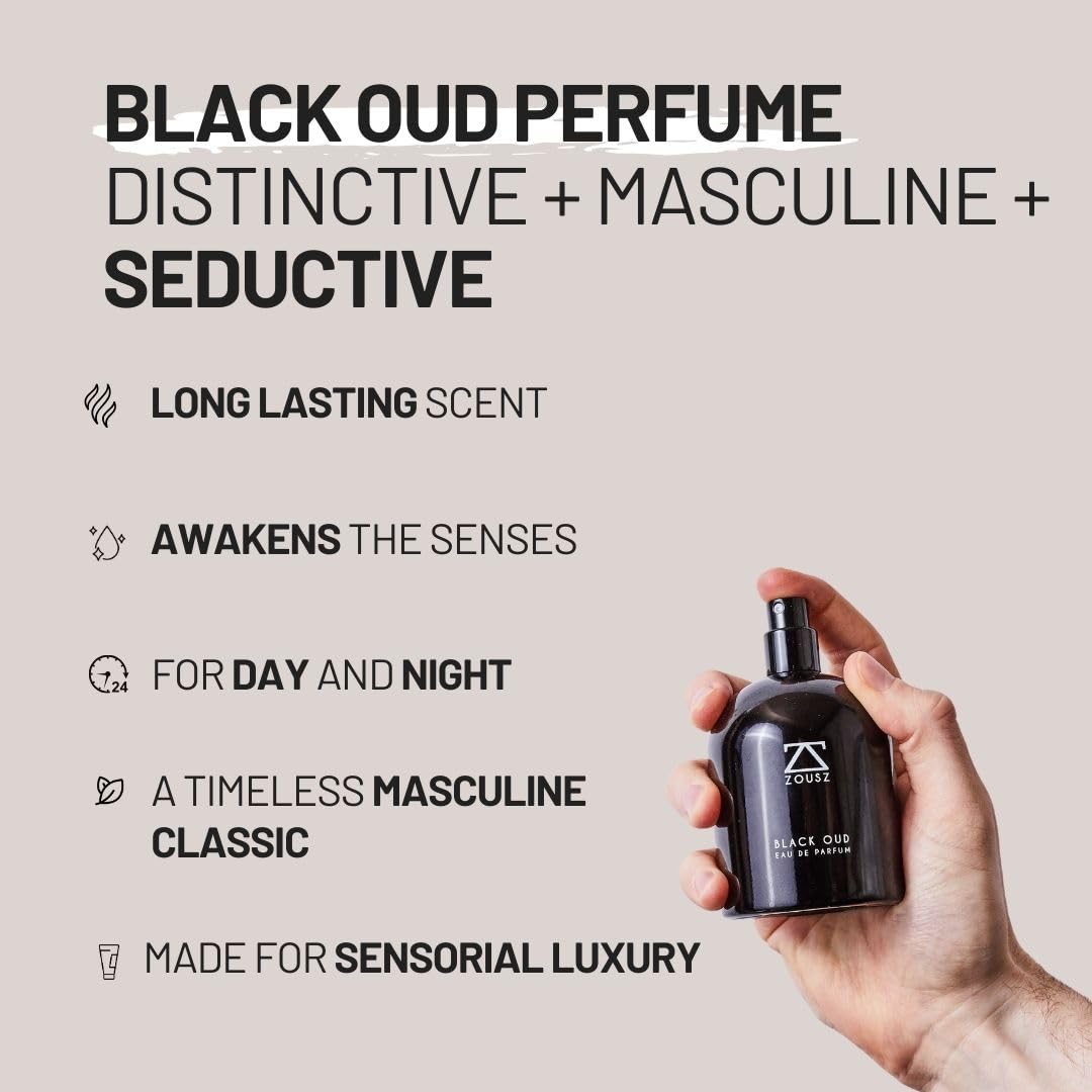 ZOUSZ Perfume Oud Hombre - Perfume con Aceite de Madera de Oud Negro - Spray de Oud Premium con Aromas de Sándalo, Cedro y Pachulí - Productos de Aseo para Hombres - Libre de Crueldad, Vegano (50mL)