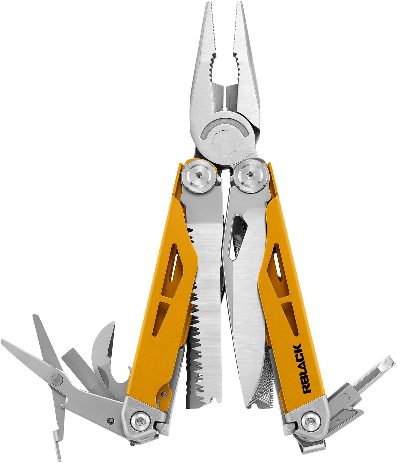 Multitool, 21-in-1 Multi Tool Pliers with Safety Locking and Spring-Action Scissors, Heavy-duty Stainless Steel Multi-tool Set with Nylon Sheath for Work, Home, Garden, DIY & Auto, Maple Yellow