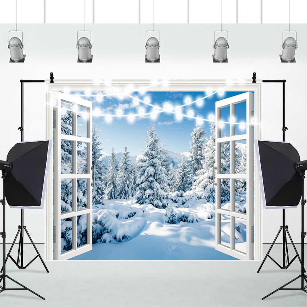 Fotohintergrund für den Winter, Schnee, Wald, Fenster, Bäume, Alpen, 3 x 2,4 m