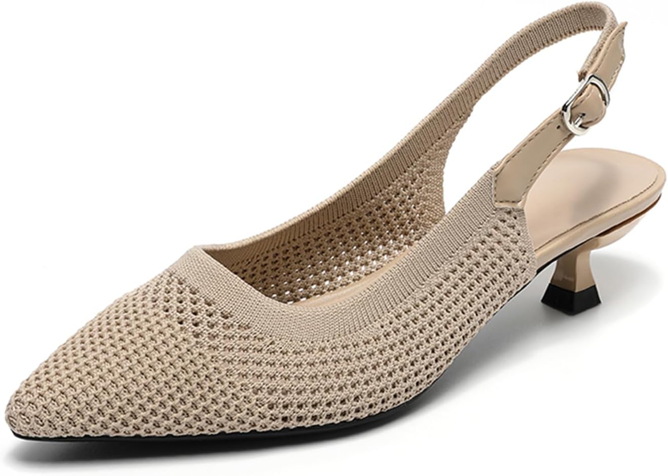 youngshow Womens Adjustable Slingback Heels, Pointed Toe Mid-Low Heel, Cute Knitted Slip On Work Pumps Dress Shoes
