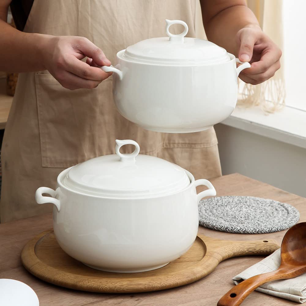 Zuppa in ceramica con coperchio, 3L di grande capacità, con doppi manici per cucina, porcellana, bianco puro, adatto al microonde e alla lavastoviglie (tipo 1)