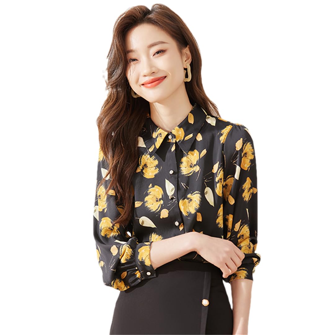 Disimlarl Camisa de manga larga con estampado negro para mujer, estilo retro, de gasa, para oficina, trabajo