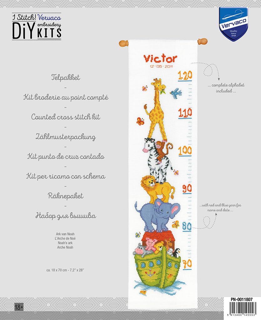 VERVACO Haft Krzyżykowy Liczony Zestaw Miarka Wzrostu dla Dzieci ARKA NOEGO Zrób to Sam Zestaw Kreatywny dla Dorosłych 18 x 70 cm Dekoracja Ścienna DIY Cross Stitch Kit