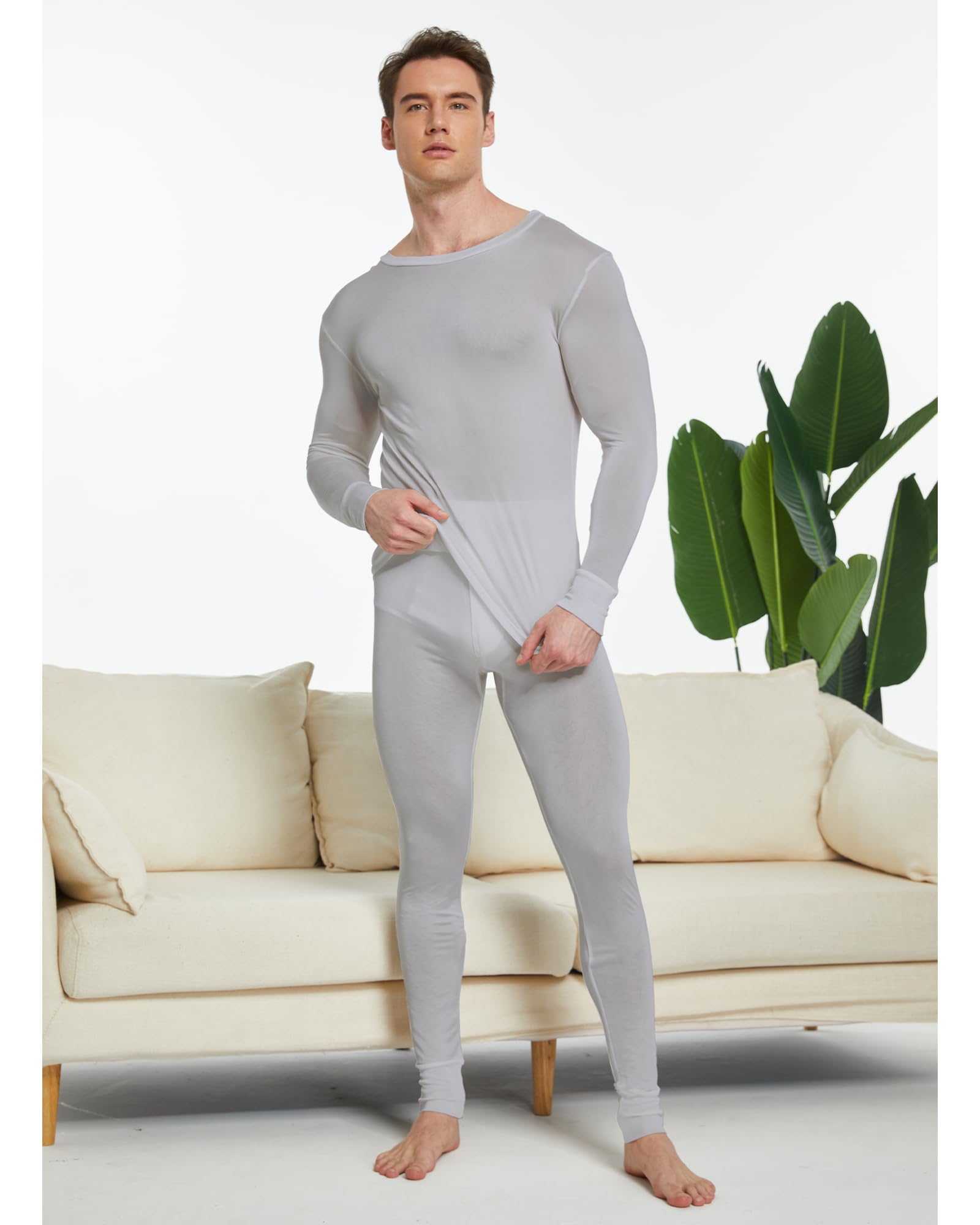 Men's Pure Mulberry Silk Knitted Thermal Underwear Long Johns Bottom Grey L