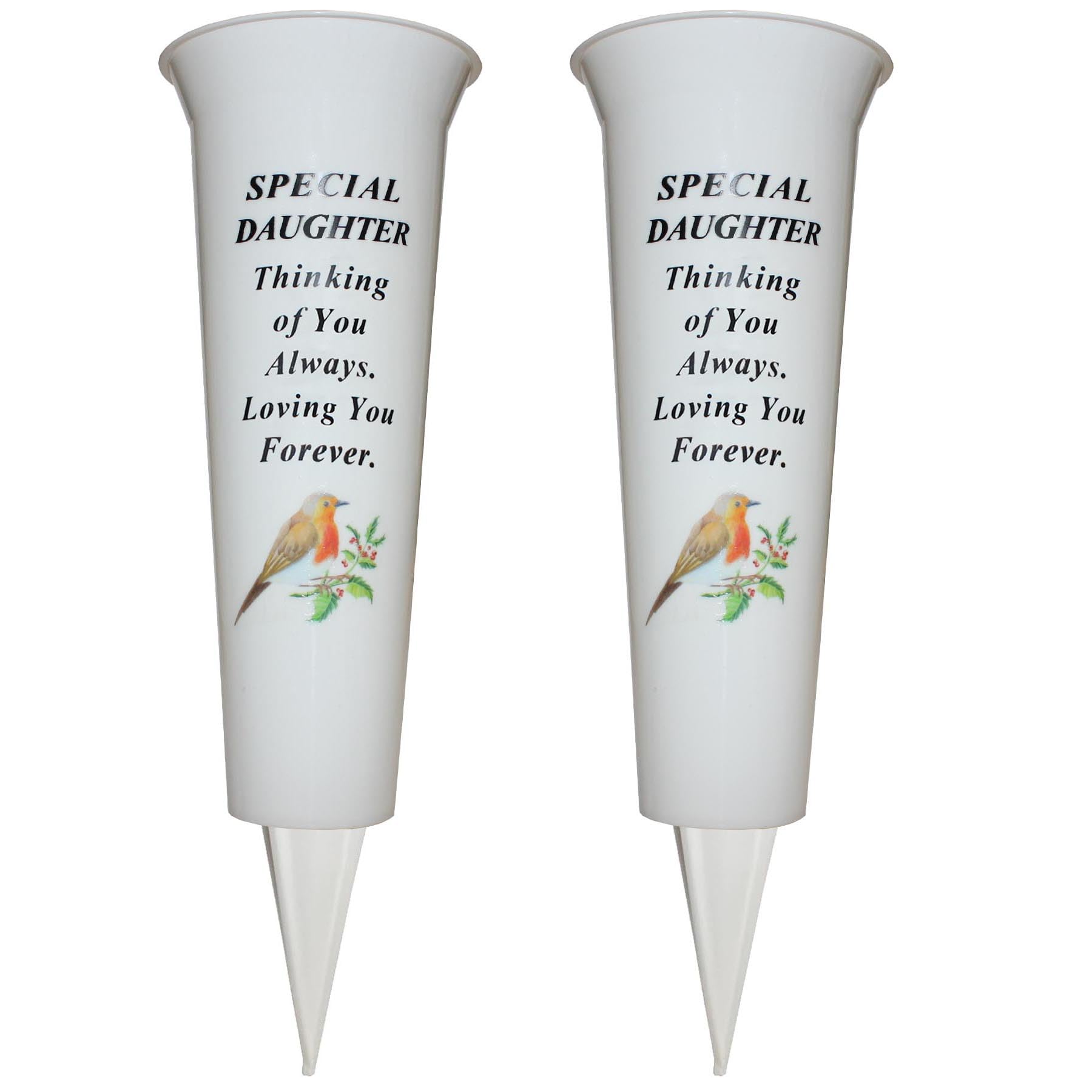 Widdle Gifts Special Daughter Set Of 2 Memorial Grave Flower Pot - 33Cm Tall Sturdy White Memorial Graveside Flower Vase With Spike And Robin Image (Special Daughter)