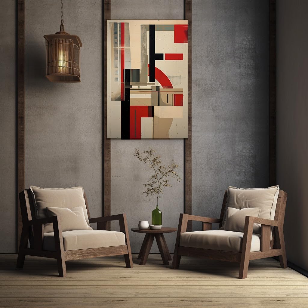 Canvas for Living room. Geometric Whispers in Red and Black - Unveiling the Essence of Abstract Motion, 27 x 18 inch Canvas Wall Art - Ready to Hang - 69x46 cm (27x18 inch)