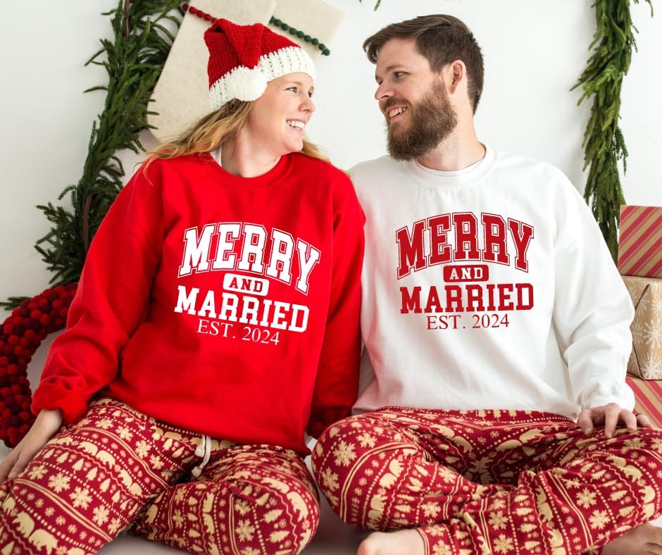 Merry And Married Christmas Sweatshirt, Just Married His And Hers Matching Christmas Sweater, 1st Christmas Mr and Mrs Bride and Groom Christmas Wedding Gift For Newlywed Husband and Wife, Honeymoon.