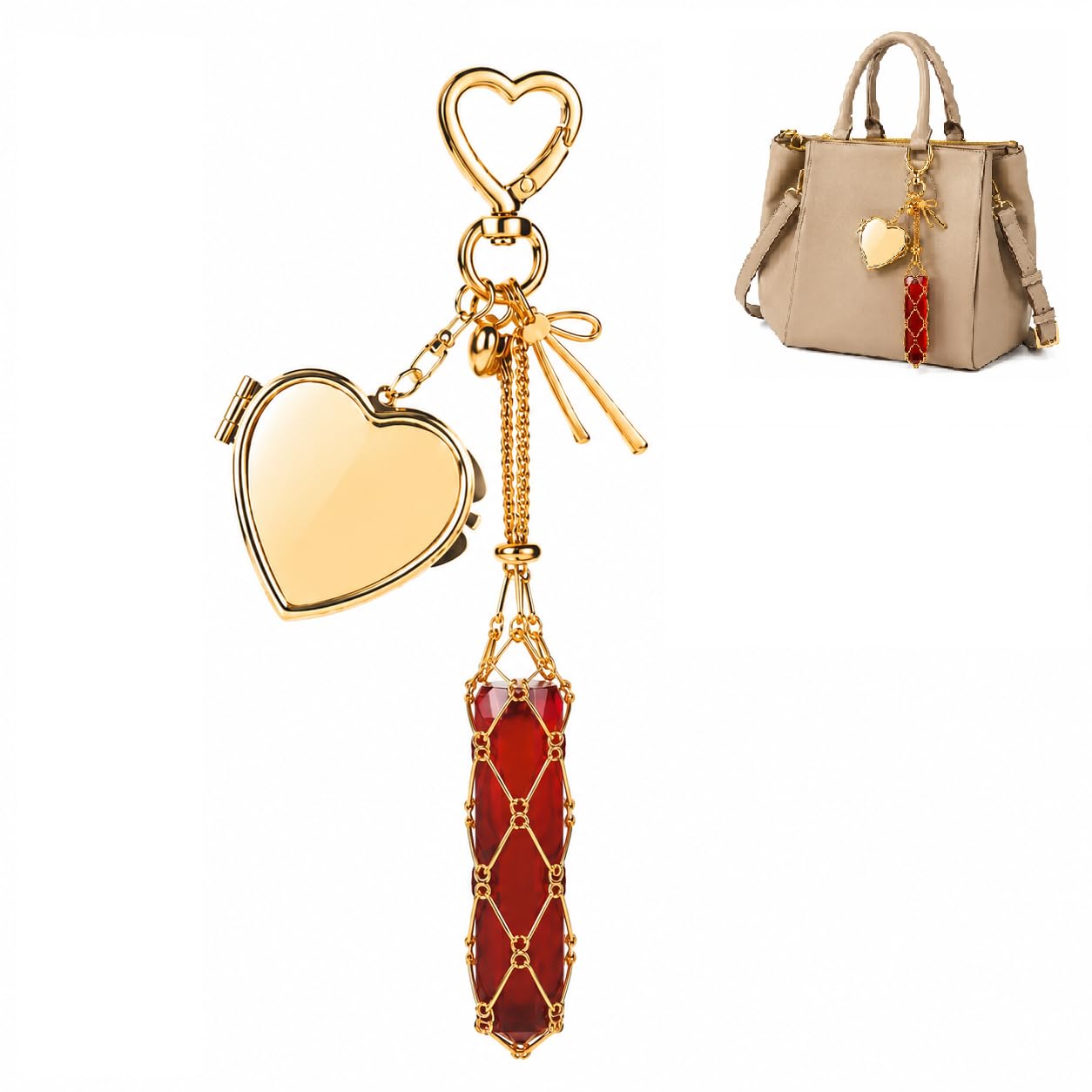 Indiana Y2K Metal Lipstick Holder with Touch Up Mirror, Golden Heart-Shaped Clasp Design Portable Makeup Lipstick Balm Organizer Chic Bag Link Charm Accessories-image-45