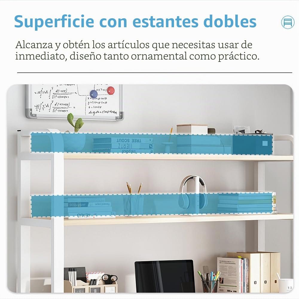 Escritorio de 80 x 50 cm, escritorio de ordenador de 4 niveles con espacio de almacenamiento, mesa de PC para oficina en casa, estudio, dormitorio, blanco y beis claro