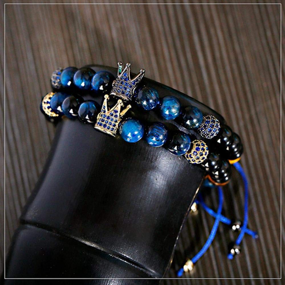 WQZYY&ASDCD Pulseras Brazalete Lujo Circonita Cúbica Corona Bolas Encanto Pulsera Trenzada Hombres Mujeres Azul Piedra Natural Cuentas Pulseras Y Brazaletes