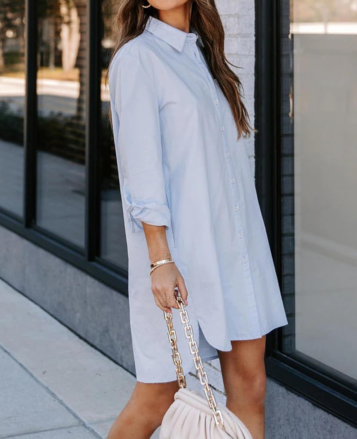 Womens Button Down Shirt Dress Long Sleeve Boyfriend Blouse Shirts Tunics Dress with Pocket, S-2XL - Image 3