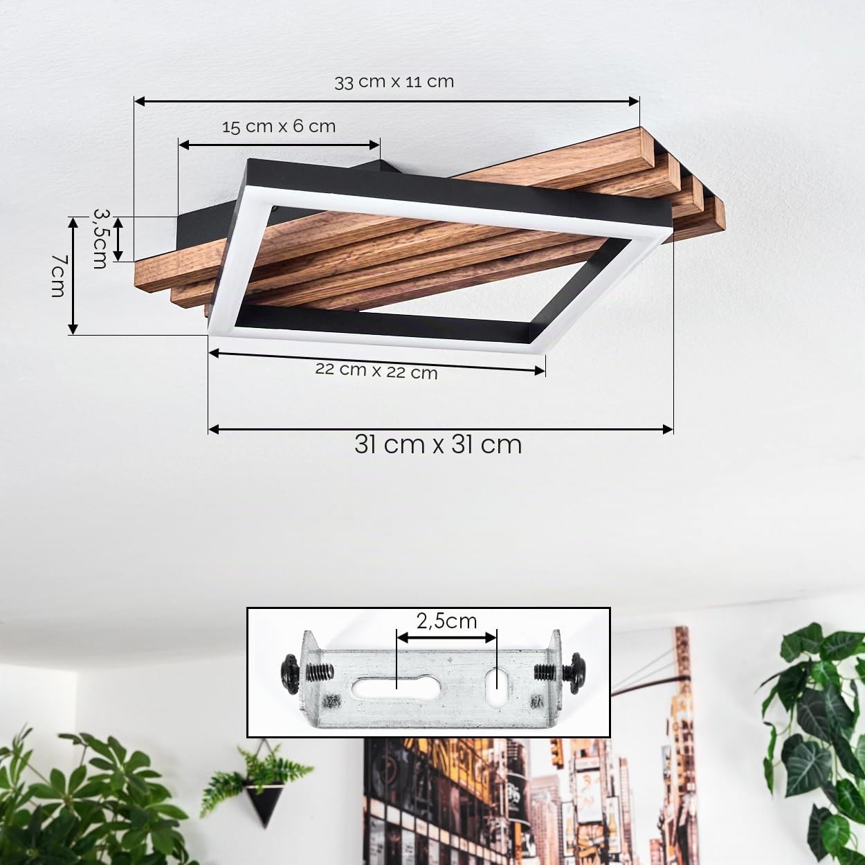 HOFSTEIN LED Deckenleuchte Ellekilde, Deckenlampe aus Metall/MDF/Kunststoff in Schwarz/Holzoptik/Weiß, 12W, 3000 Kelvin, Leuchte im modernen Design für Schlafzimmer, Esszimmer, Wohnzimmer, Küche, Flur