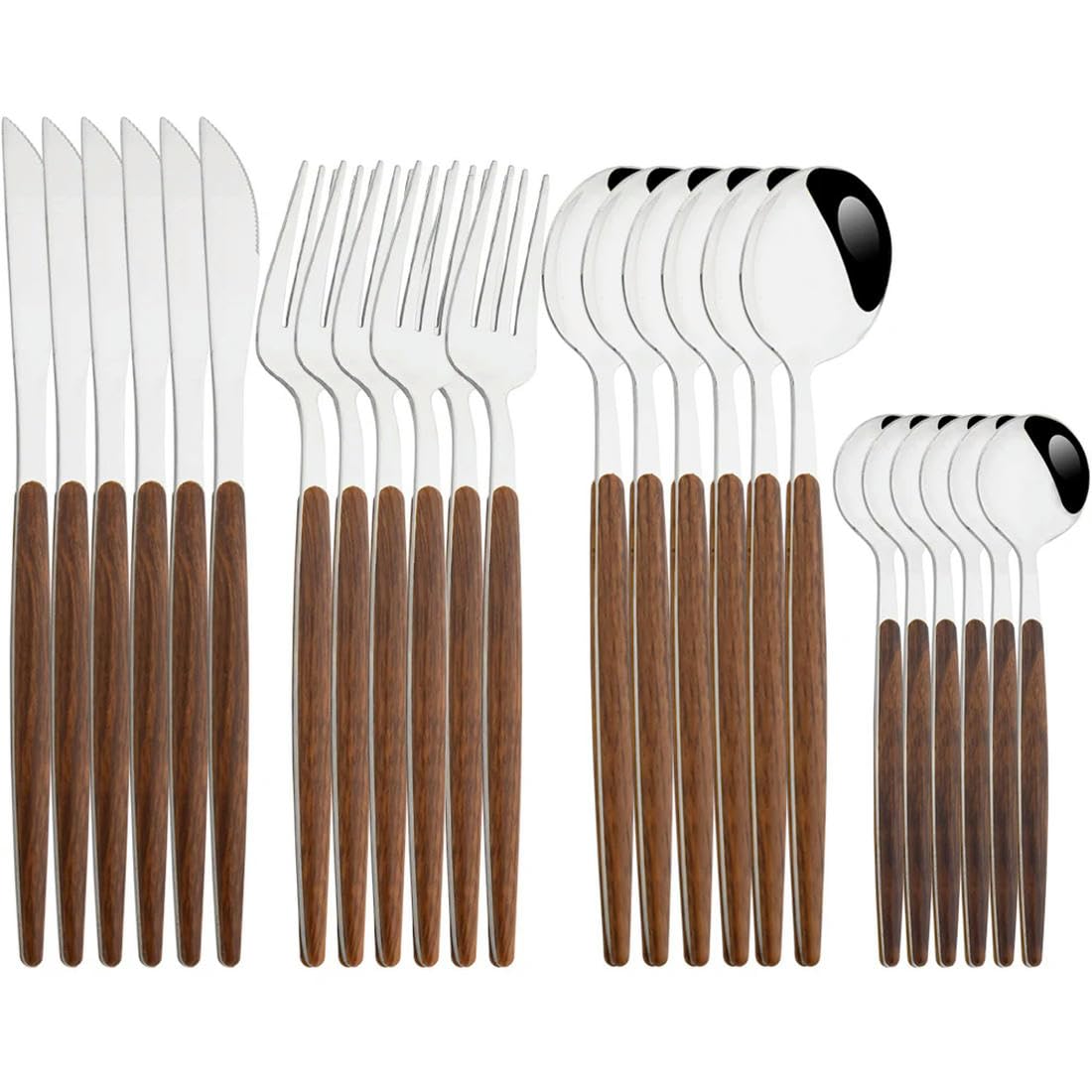 24 pièces de Vaisselle Marron argentée en Acier Inoxydable Imitation Manche en Bois argenterie Couteau cuillère Fourchette Ensemble de Couverts Vaisselle