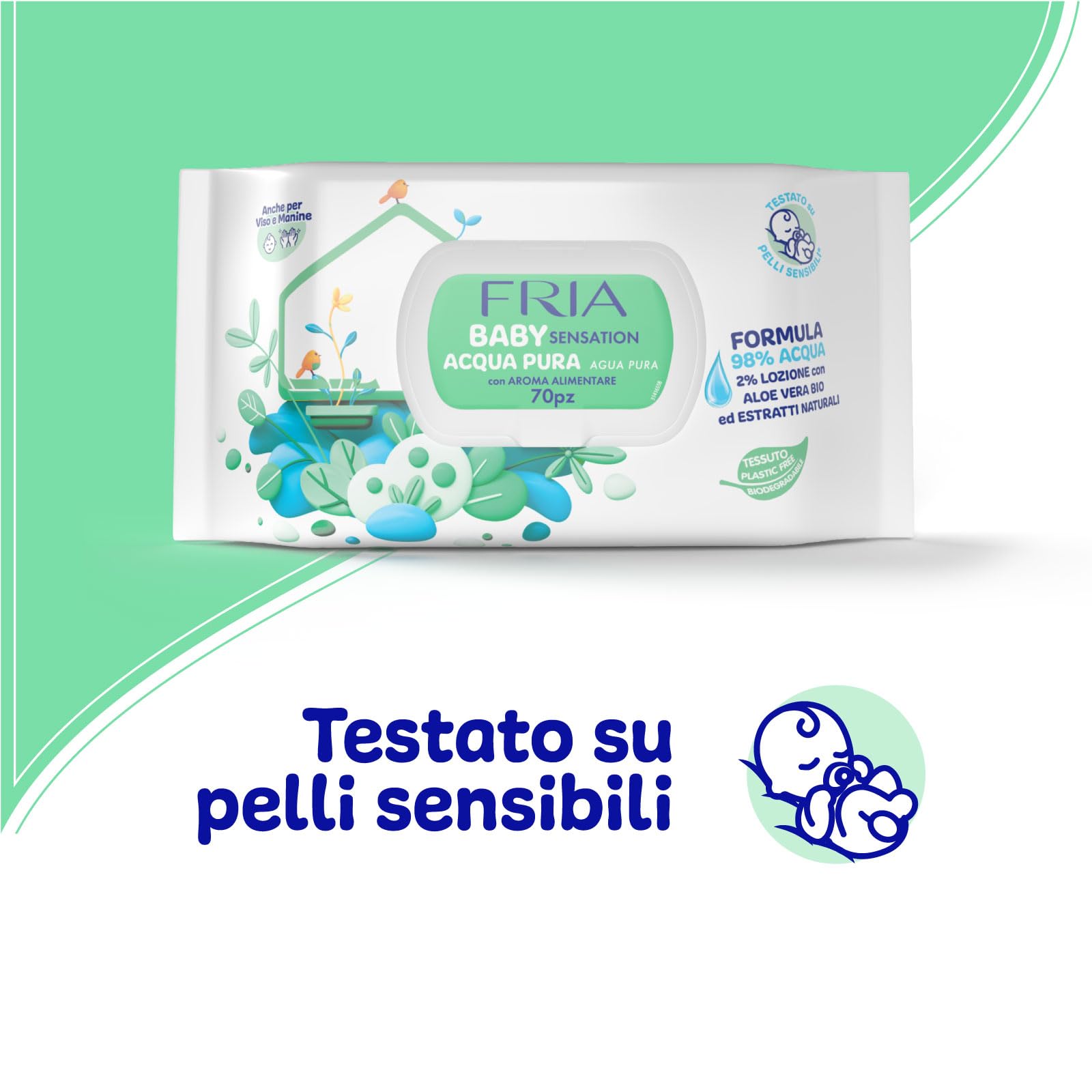 Fria Baby Sensation Acqua Pura Salviette per Cambio Pannolino, 98% Acqua Purificata, 70 Salviette