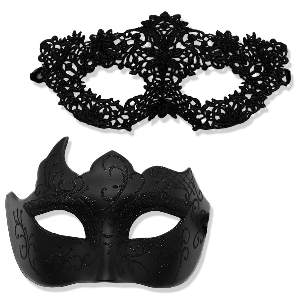 Spiritzohic Masquerade Mask for Couple 2PCS Venetian Mask for Men Women Party Half Face Carnival Masks Lace Masque Cosplay Costume Masks for Fancy Dress Ball,Carnival Party,Masked Ball(Black)