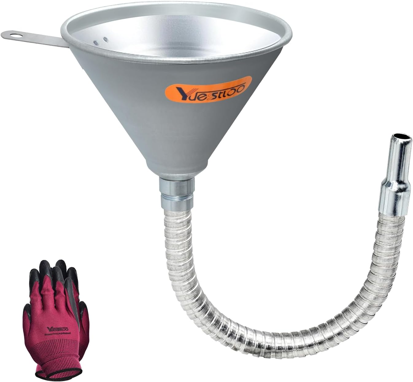 14.84" Steel Bendable Spout Funnel with Filter for All Automotive Oils, Metal Flexible Long Funnels for Automotive Use for Transmission Fluid, Diesel Fuel, and Other Liquids, with Gloves