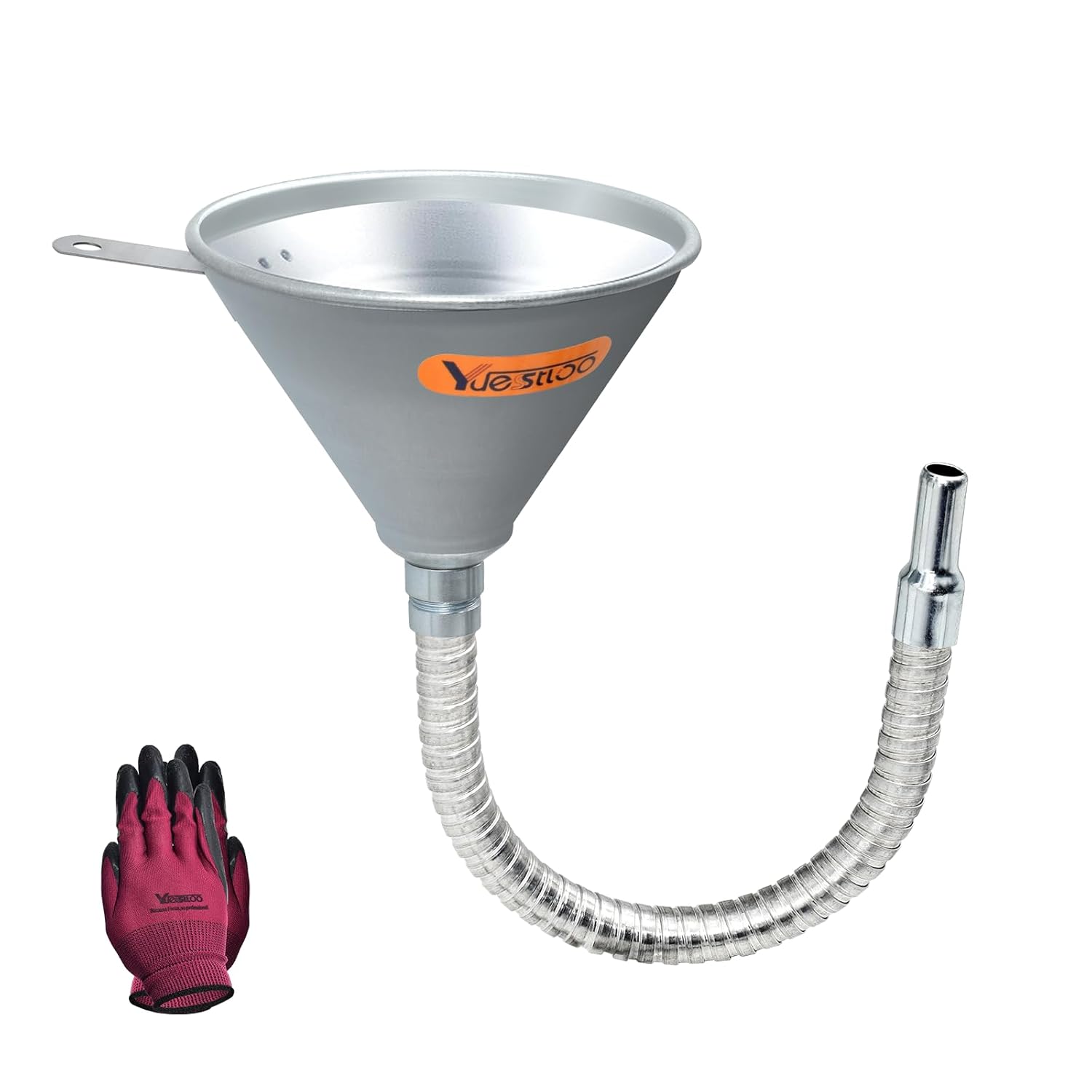 14.84" Steel Bendable Spout Funnel with Filter for All Automotive Oils, Metal Flexible Long Funnels for Automotive Use for Transmission Fluid, Diesel Fuel, and Other Liquids, with Gloves 14.84inch/377mm