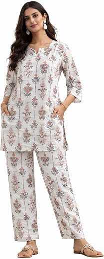 Ruaati Women Soft Cotton Floral Printed Night Suit Set with Relaxed Fit Top & Pajama