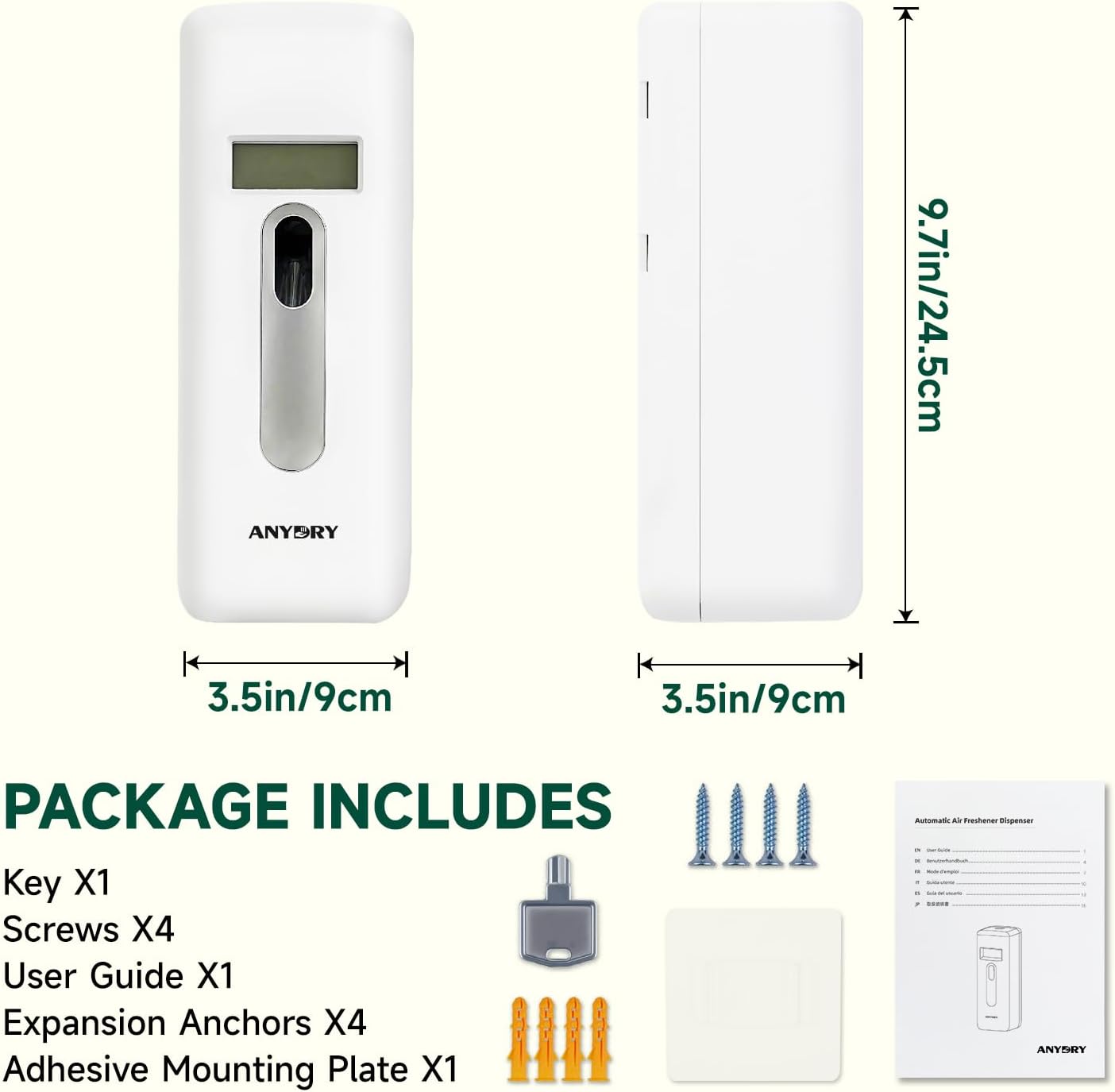 Contents of the Anydry Automatic LCD Air Freshener Dispenser package, including the dispenser, key, screws, user guide, expansion anchors, and adhesive mounting plate.