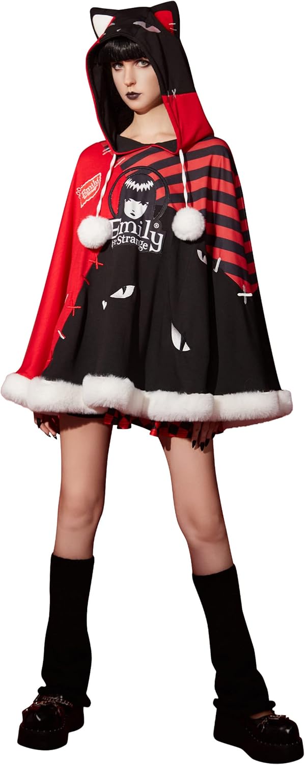 Emily the Strange Women's Cat Print Cloak Plush Hem Halloween Costume with Tail