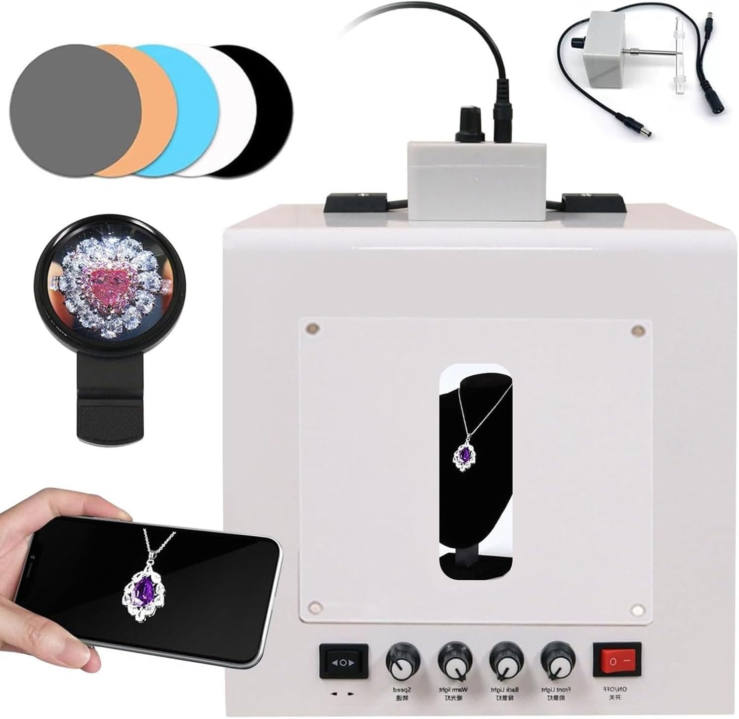 Pro Jewelry Photography Studio Light Box Kit Booth with Accessories: 360° Adjustable Turntable/5 color plates/Hanging Bracket/4 LED Lights/5 Backdrops/Star Filters/Phone Holder/Acrylic Baffle Small