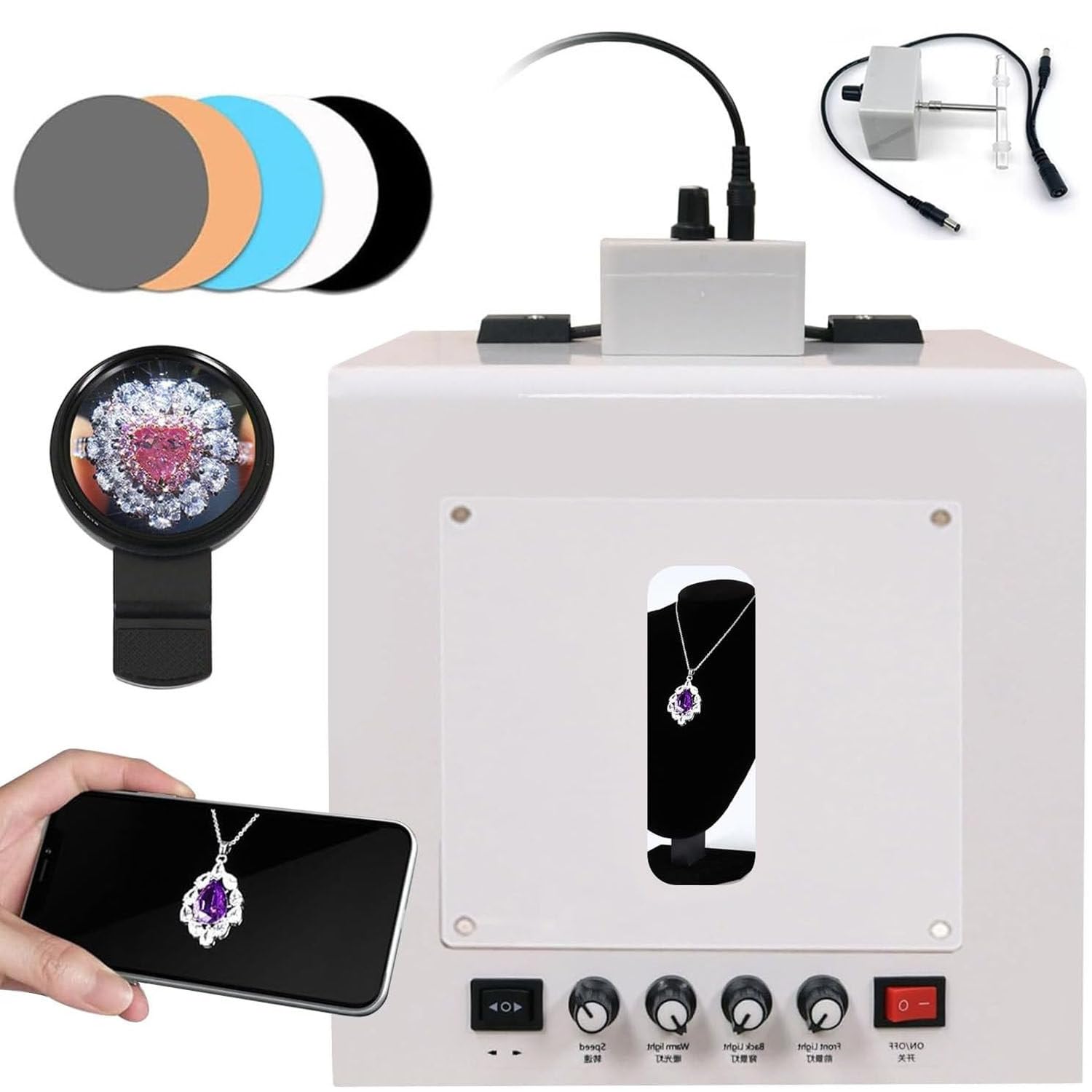 Zestaw Light Box Do Studia Fotograficznego Pro Jewelry Photography Studio Z Akcesoriami: Regulowany Stół Obrotowy 360°/Uchwyt Wiszący/4 Diody LED/5 Teł/Filtry Gwiaździste/Uchwyt Na Telefon Small
